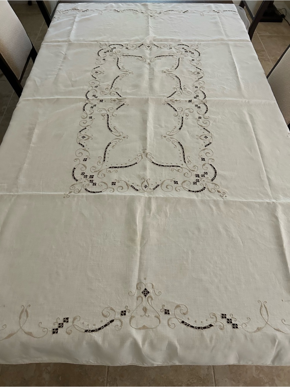 VTG Handmade Tablecloth 68" x 86" + Twelve Napkins Linen Crochet Ecru Holiday